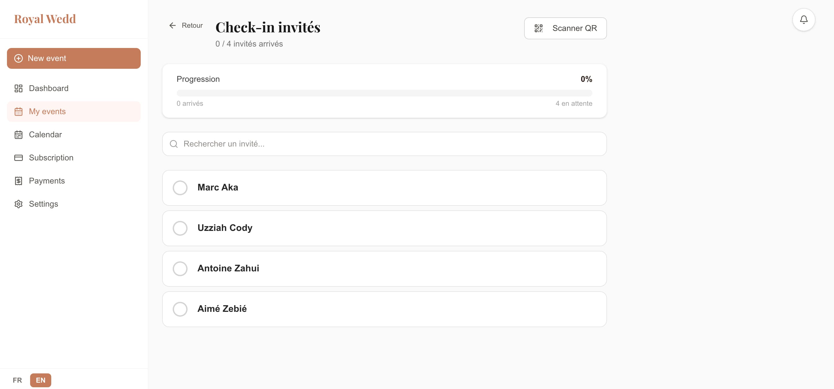 Check-in invités par QR code