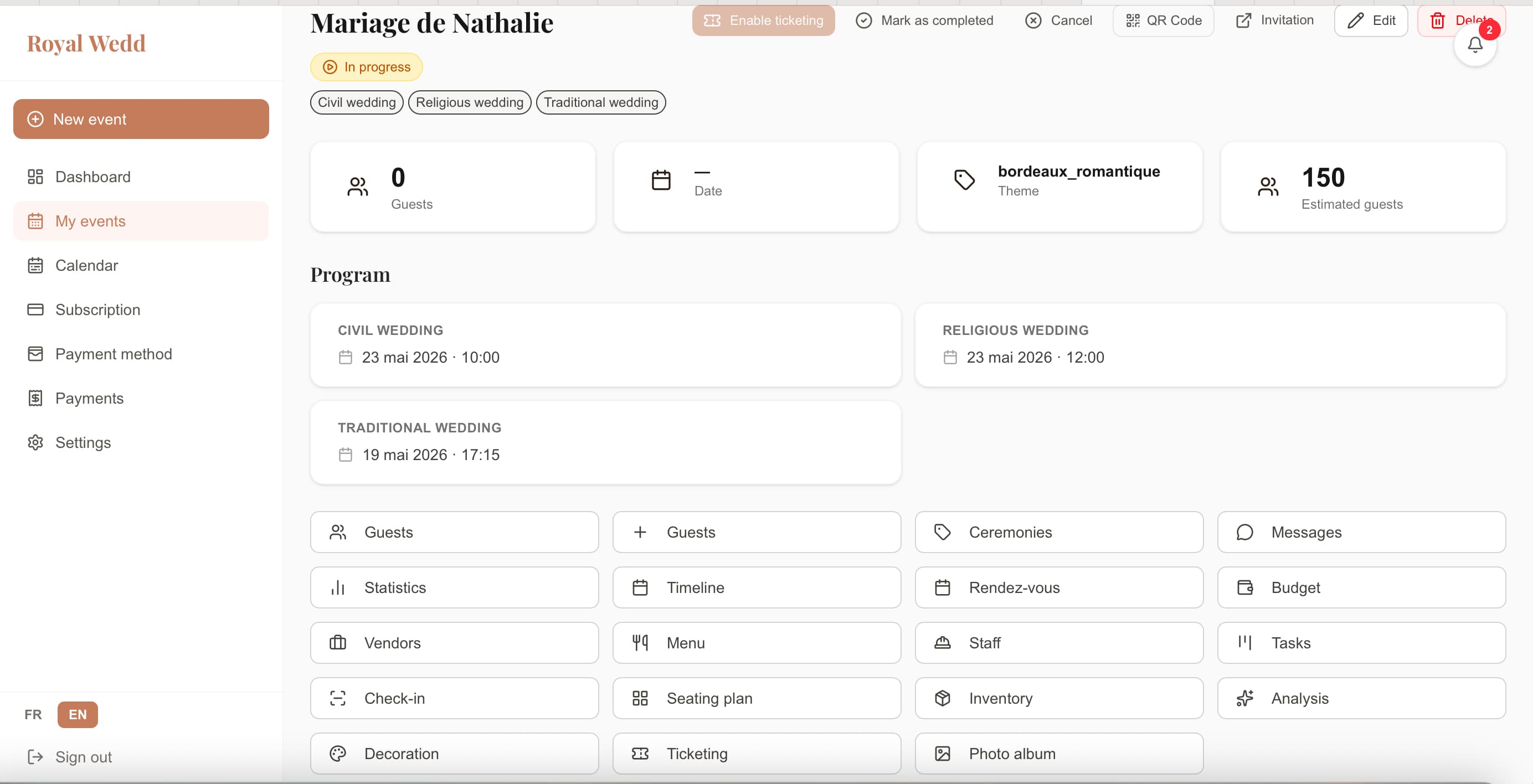 Dashboard principal Kufurah Event